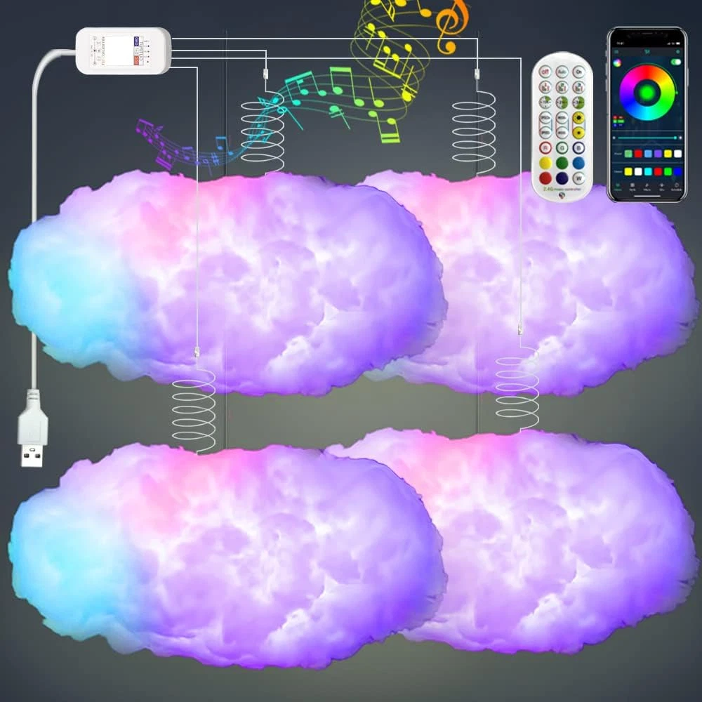 4PCS 3D Cloud Lightning Light Kit with Music Sync & Remote - Colorful Decor