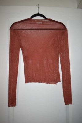 Y2K Rave Festival Triple Seven Mesh Glitter Sheer Long Sleeve Blouse Rust Size S