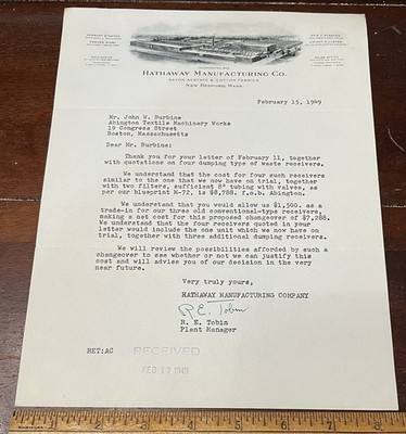 HATHAWAY  Manufacturing Co. New Bedford Mass, 1949 Billhead, Letterhead,