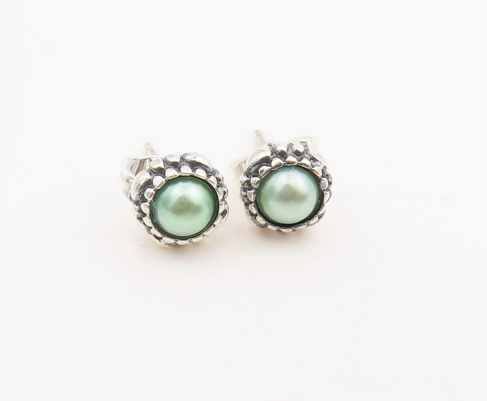 925 Sterling Silver Vintage Earrings PANDORA Round Pearl Floral Studs  EG13812 - Image 2 of 4