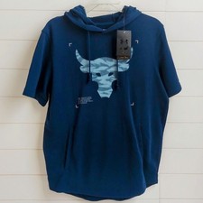 Under Armour Project Rock Men's Medium Terry Short Sleeve Hoodie Navy Blue NEW 