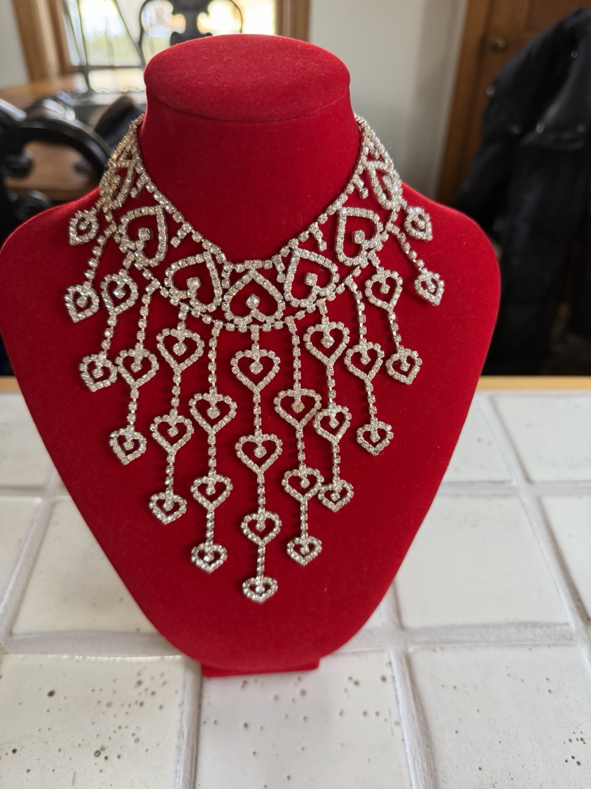 Rhinestone Bib Statement Necklace Featuring A Dan… - image 1