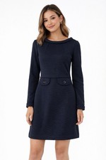 Boden Navy Textured Dress Women US 4 UK 8 Long Sleeve A-Line Gold Zip Back