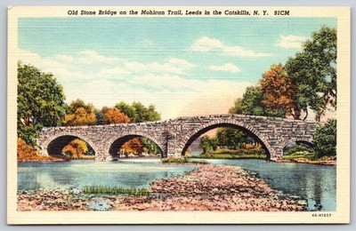Old Stone Bridge Mohican Trail Leeds Catskills NY Linen Postcard c1940s AA317