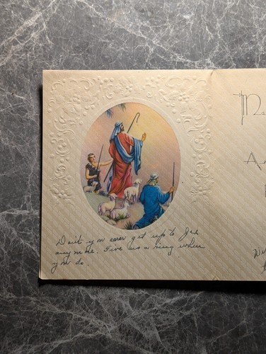 Christmas Card Vintage Grinnell Blessings Nativity Shepherds Embossed Holiday - Picture 2 of 4