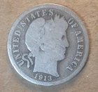Old World Coin Lot US 90% Silver Barber Dime 1913 G+ KM#113 0.0723 Oz ASW