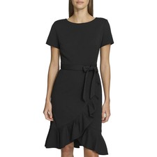 Calvin Klein Plus Women Belted Knee Length Ruffle Black A-Line Dress Size 20W