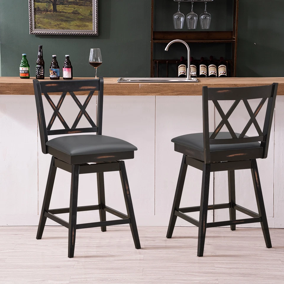 Costway Set of 2 Barstools Swivel Counter Height Chairs w/Rubber Wood Legs Black - Image 4 of 4