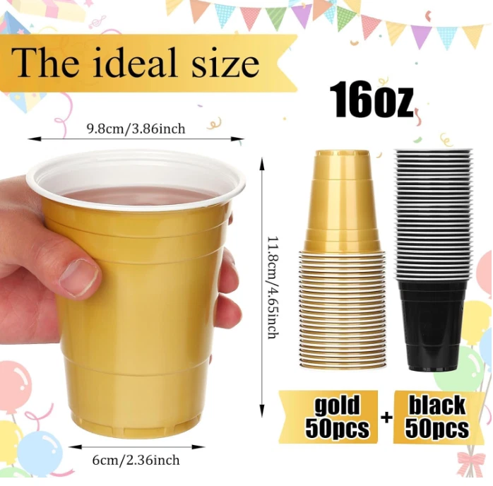 50PCS 16 Oz Plastic Graduation Cups - Black and Gold Disposable Party Cups - Image 3 of 4