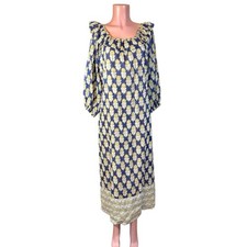 Clara the Label Floral Midi Dress Navy Yellow Boho Puff Sleeve Boat Neck Sz XS