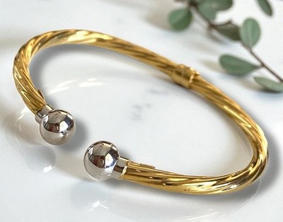Vintage 14k 585 Italian Two Tone Gold Ball Cuff Hinged BABY Bangle 