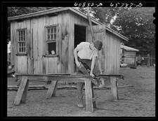 Foto: Hombre de la década de 1930 aserrando madera en pequeña cabaña de madera patio rural