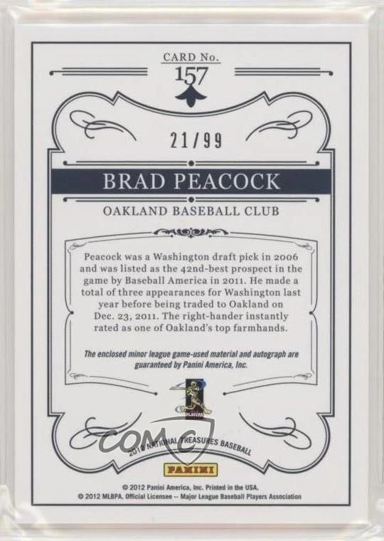 2012 Panini National Treasures /99 Brad Peacock #157 Rookie Auto RC - Image 2 of 2