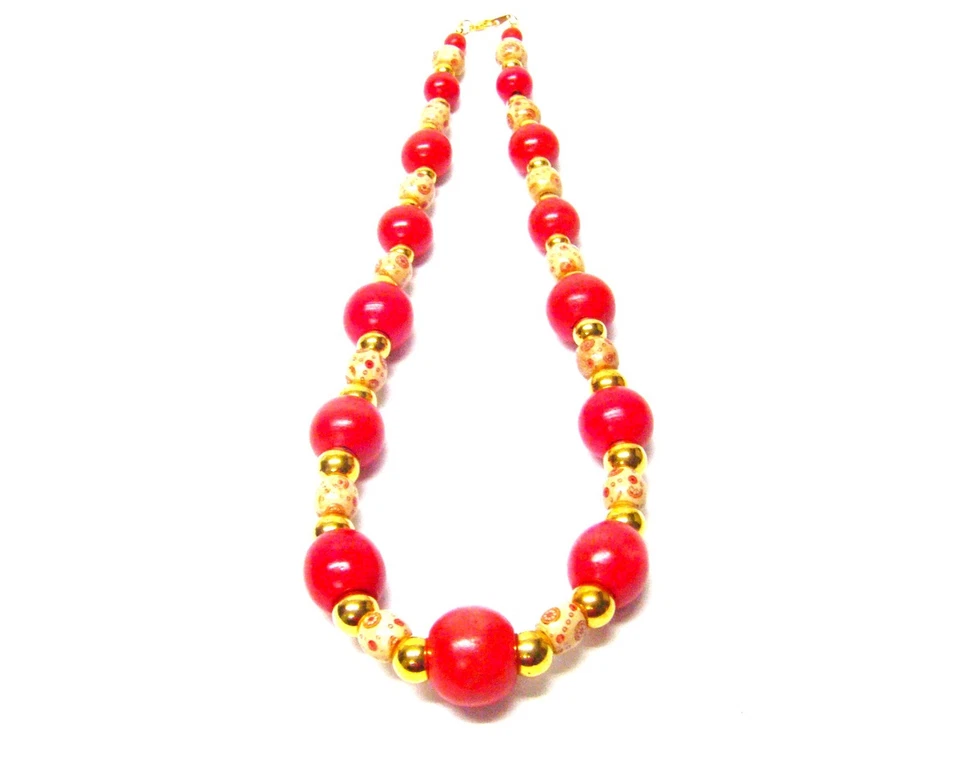 Collar/Pulsera/Pendientes Coral Rojo Redondo con Cuentas de Madera Ovalada Pintada Beige Foto 4 de 4