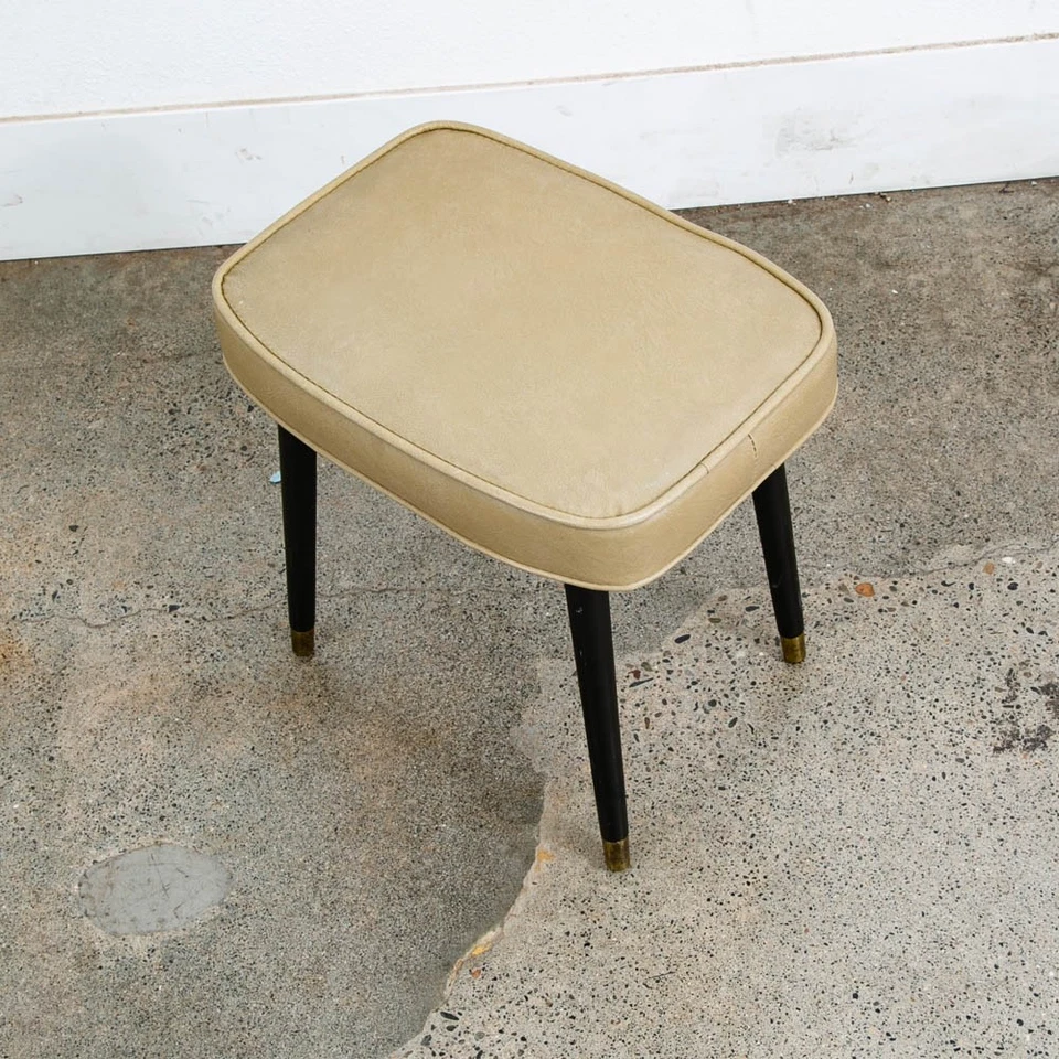 Mid Century Modern Ottoman Stool Tan Wood Vintage Mcm Mcm Black Rectangular - Image 4 of 4