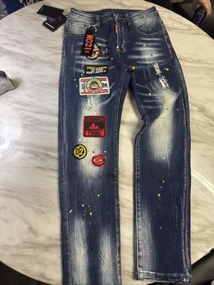 NWT DSQUARED2 distressed, paint-splattered denim pants   Logos, Patches, 44