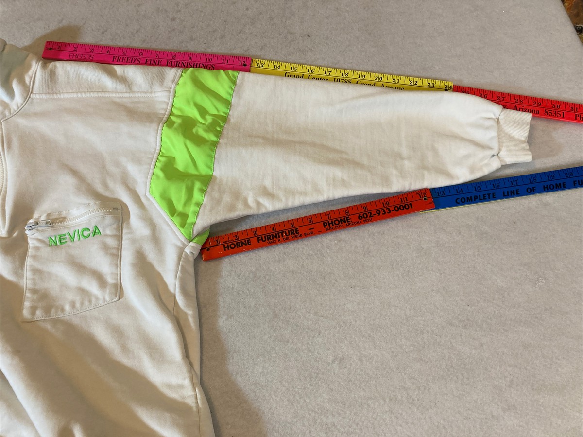 Vintage NEVICA Ski 1/4 Zip Fleece Pullover Sweatshirt White w Neon