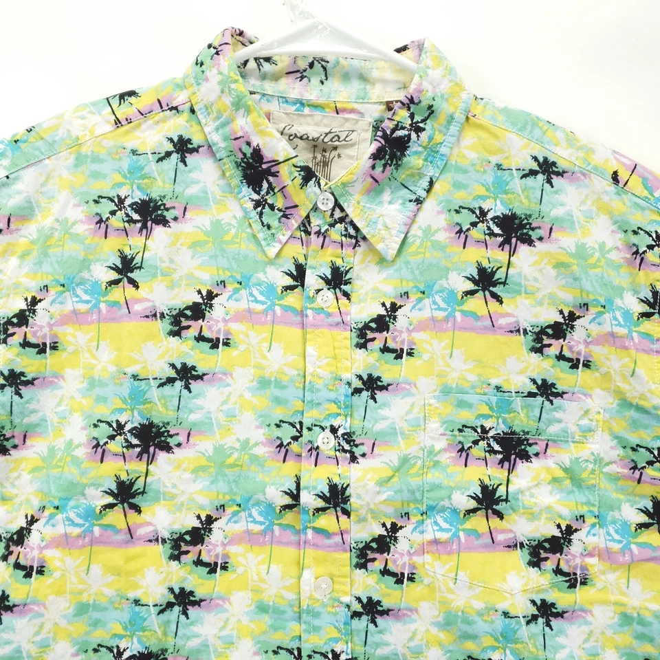 Coastal Hawaiian Shirt Mens Large Yellow Green Palm Tree 100% Cotton Button-Up - Image 3 of 4