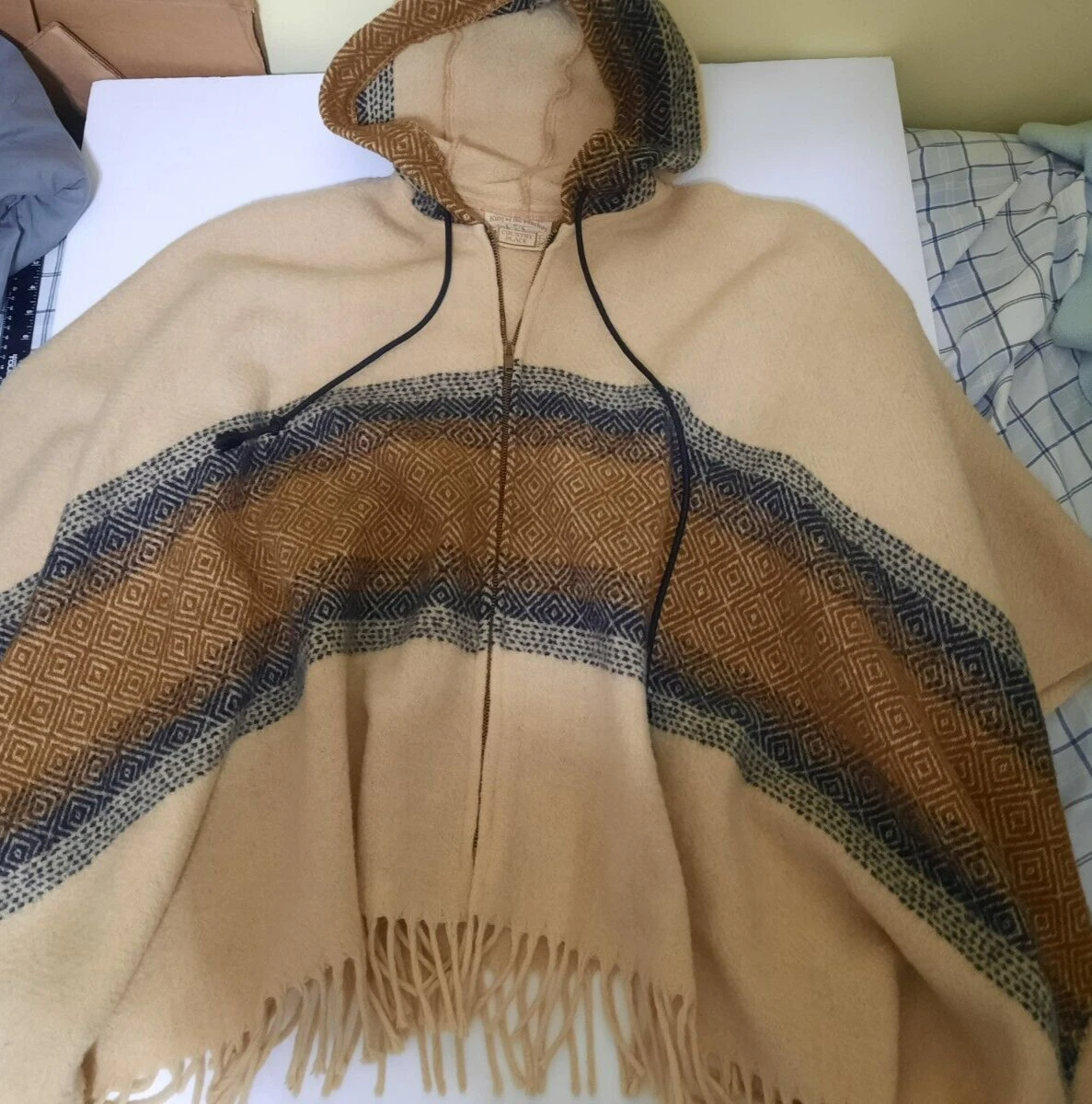 Country Place Vintage Wool Zip Hooded Poncho Tan Brown Black Geometric Aztec