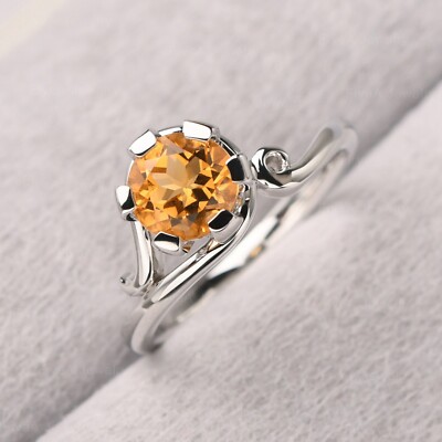Citrine Ring 925 Sterling Silver Ring Round Cut Ring Engagement Ring for her.