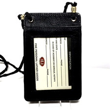 Vertical ID Identification Card Holder Badge Pocket Neck Strap Black Leather
