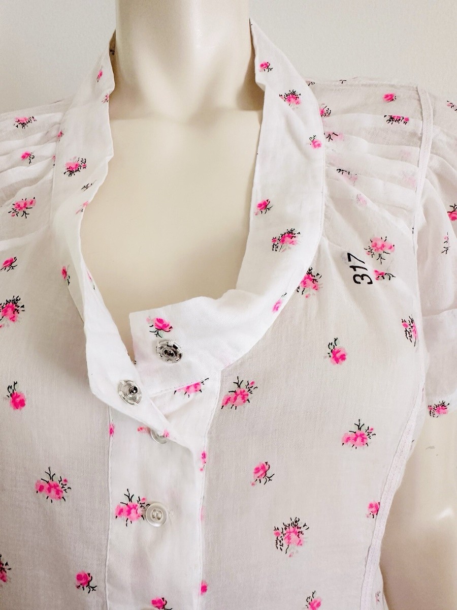 MARITHE' + FRANCOIS GIRBAUD TOP White Cotton Shirt Pink Roses