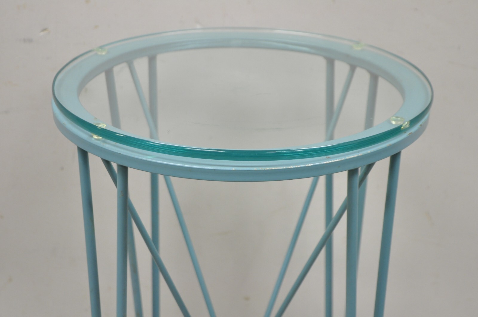 Modern Directoire Style Blue Skyscraper Glass Top Pedestal Stand Side