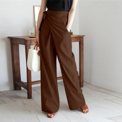 Damen High Waist Wickelhose Lange Hose Freizeit Locker Weites Bein Damen Palazzo - Bild 7 von 23