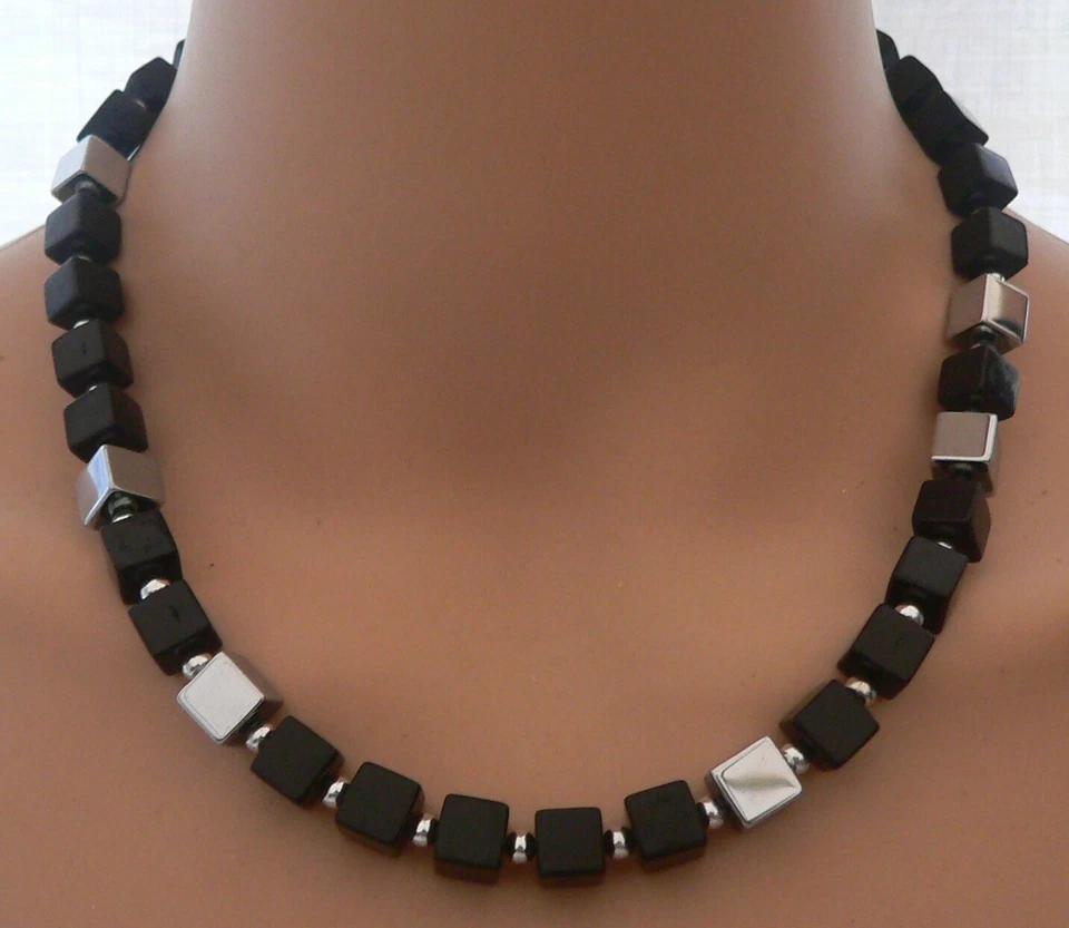 Halskette Würfel Cube Hämatit silber Schmuckstein Howlith Schwarz 456u - Bild 4 von 4