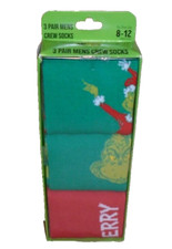 NEW MENS "DR SEUSS THE GRINCH CARTOON MOVIE CHARACTER 3 PR CHRISTMAS CREW SOCKS"