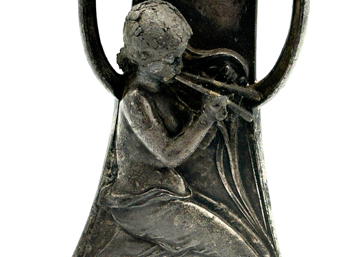 Tolle Jugendstil Vase Zinn versilbert mit spielender Frau verziert schön edel - Bild 3 von 10
