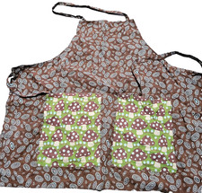 Handmade Adult OS Bib Apron Mushrooms Brown Green Blue Double Pockets XL Ties