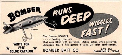 Bomber Bait Co. Runs Deep Wiggles Fast Gainesville TX 1955 Ad TAJ5-H8