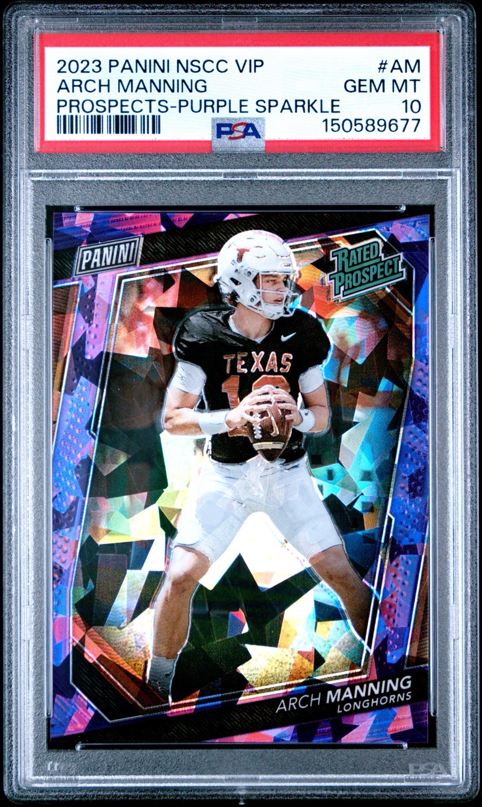 2023 Panini  National VIP Purple Sparkle Arch Manning RC 12/50 PSA 10