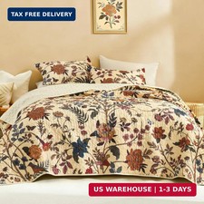 Floral Beige Quilt Queen Size - 3 Pieces Summer Botanical Birds Pattern