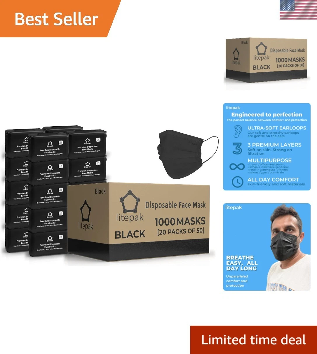 Disposable Face Masks 1000 PCS Breathable Comfortable Filter Home Office