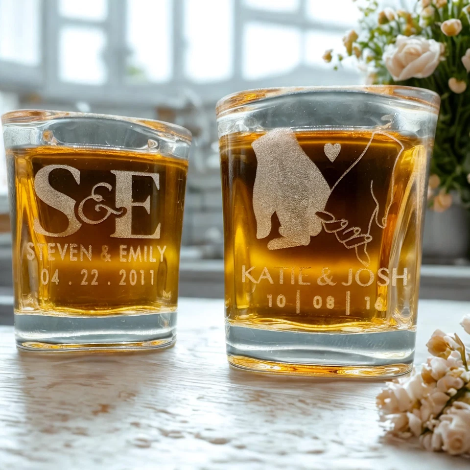 Favores de boda de vidrio de chupito personalizado - Vasos cuadrados grabados personalizados de 2,2 oz con Foto 3 de 4