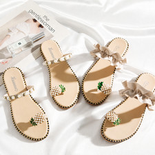 Women  s Pearl Flat Sandals Slip On Casual Summer Beach Boho Ruffle Comfort Shoes