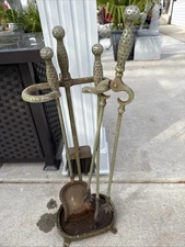 Set Of Un Polished Brass 5 Piece Fireplace Tool Set 4 Tools & Stand 27.5”Tall