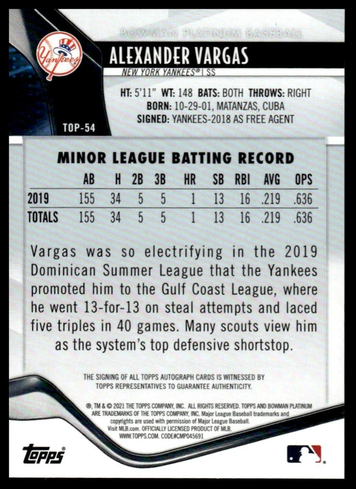 2021 Bowman Platinum #TOP-54 Alexander Vargas Top Prospects Autographs - Image 2 of 2