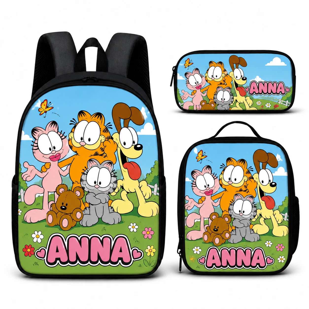 Personalized Funny Cartoon Pets Backpack 3 Pcs Set Custom Name School Bookbag