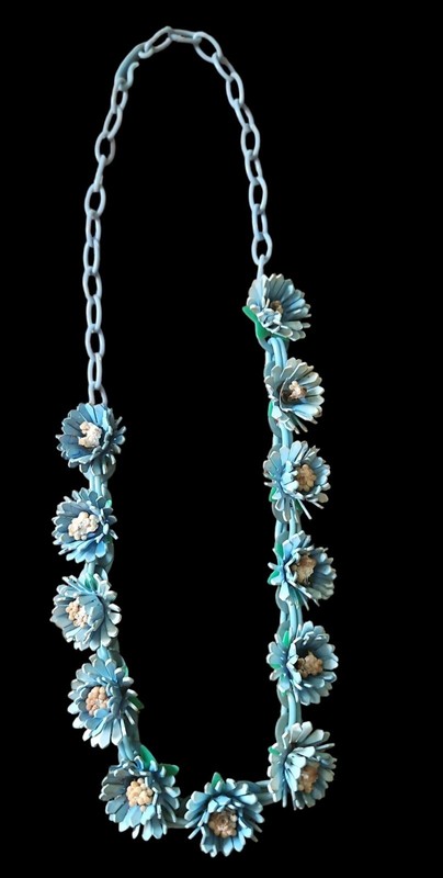 Vintage 1950s Molded Blue Plastic Flowers  Statement Necklace