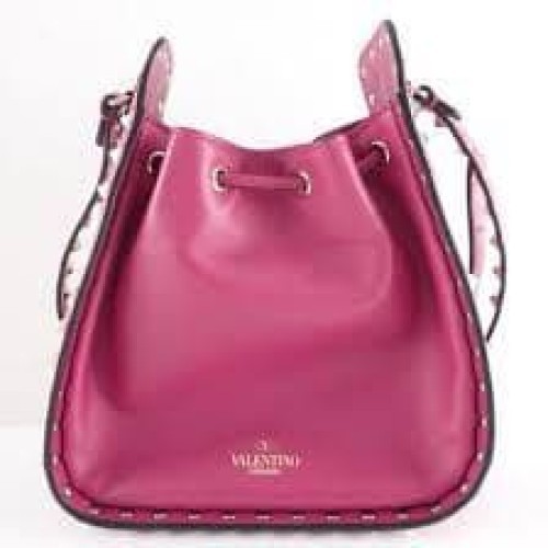 VALENTINO GARAVANI Women Rockstud Bucket  Shoulder Hand Bag Leather Pink Gold
