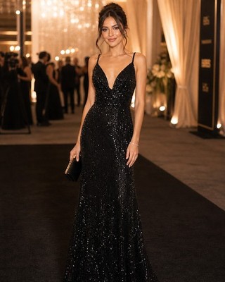 Black Sequin V Neck Sleeveless Maxi Dress Formal Party Gown for Women