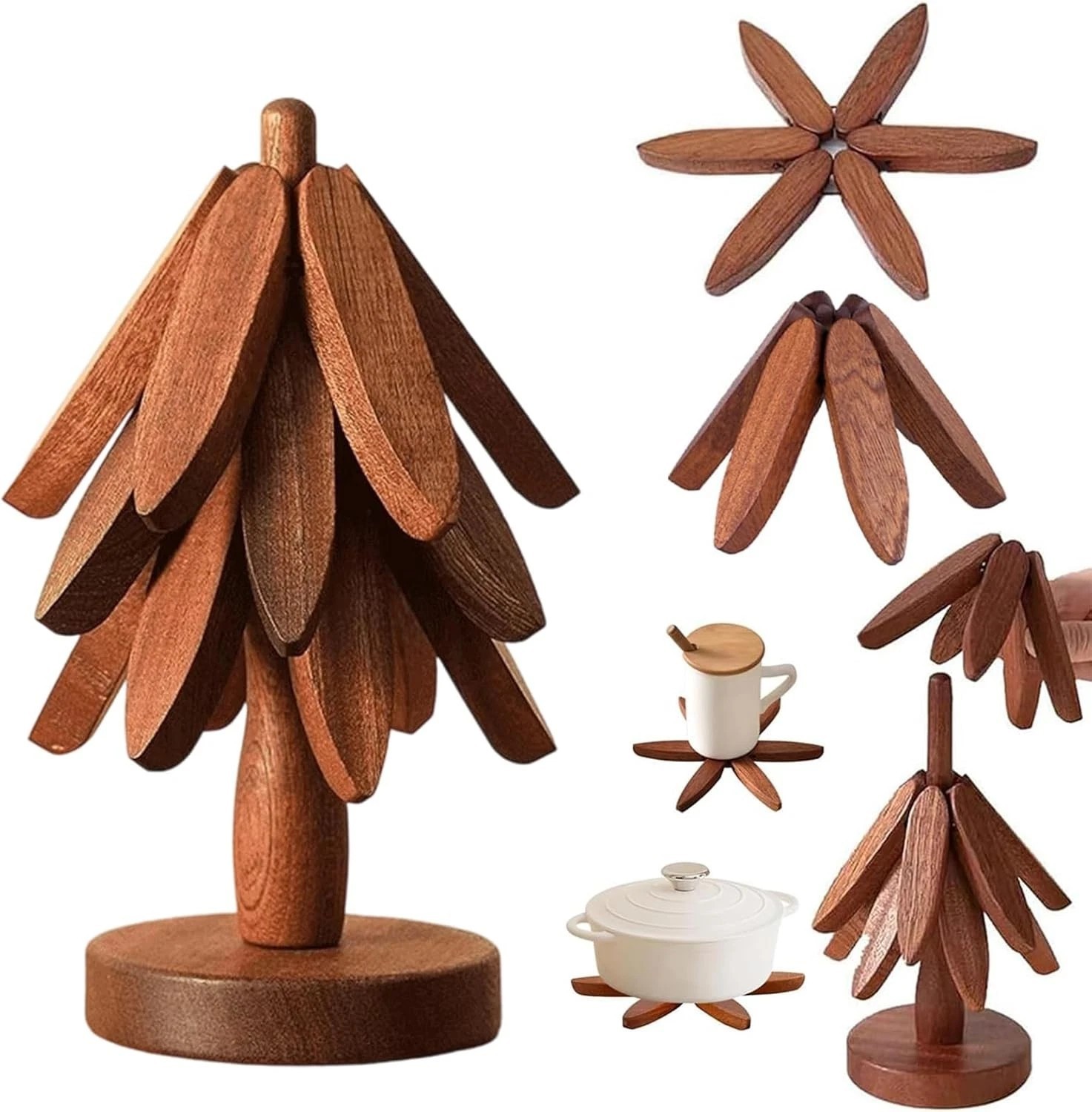 Foldable Wooden Trivets Tree Shape Trivet Set for Teapot Hot Pots Hot Dishes