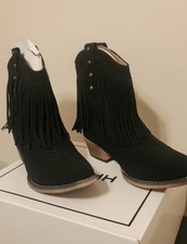 HPSOM Black Suede Fringe Studded Western Ankle Slip On Boots Women's US 8.5