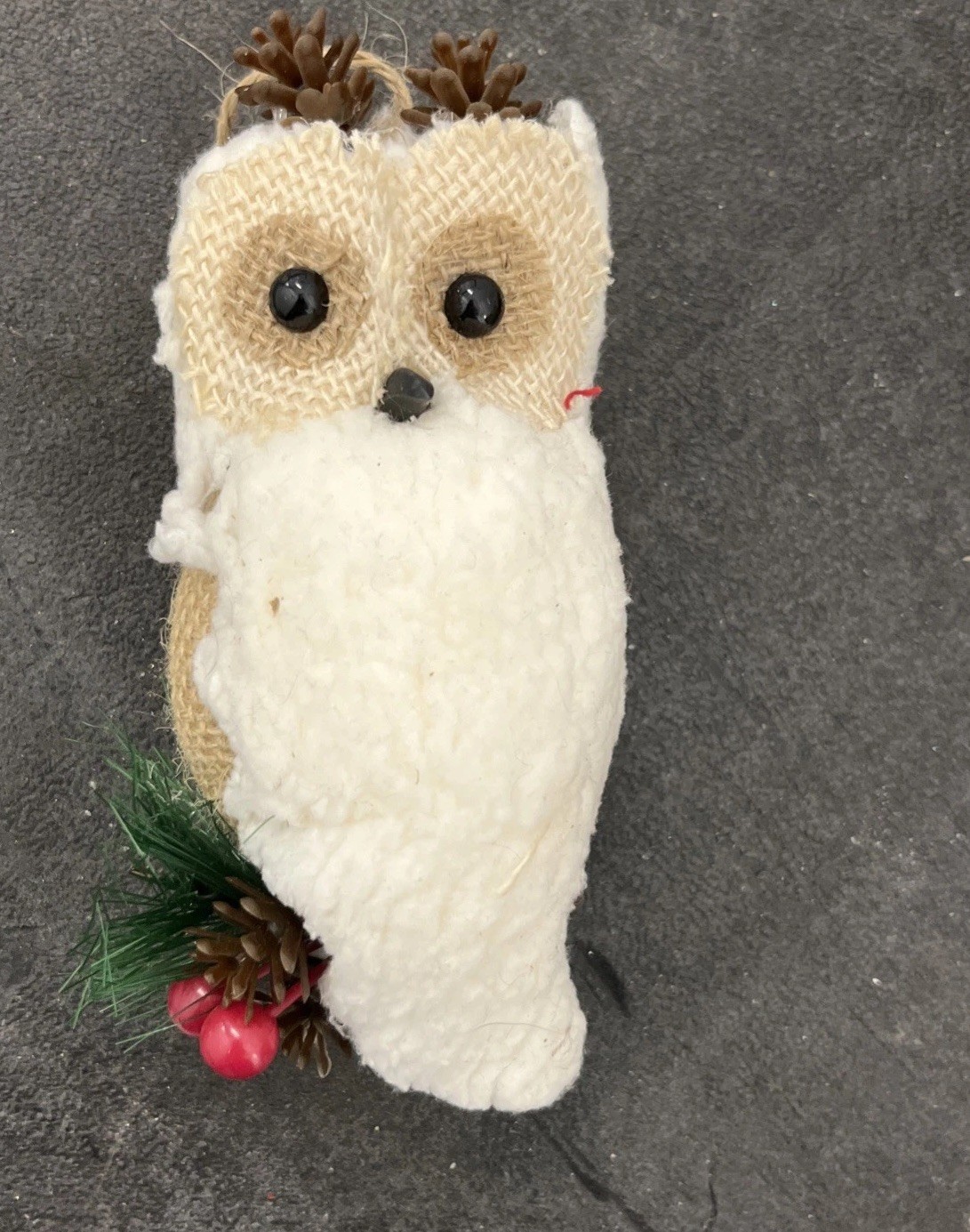 Primitive Owl Christmas Ornament - 5” Tall - Burlap & Wool With Pine Cones