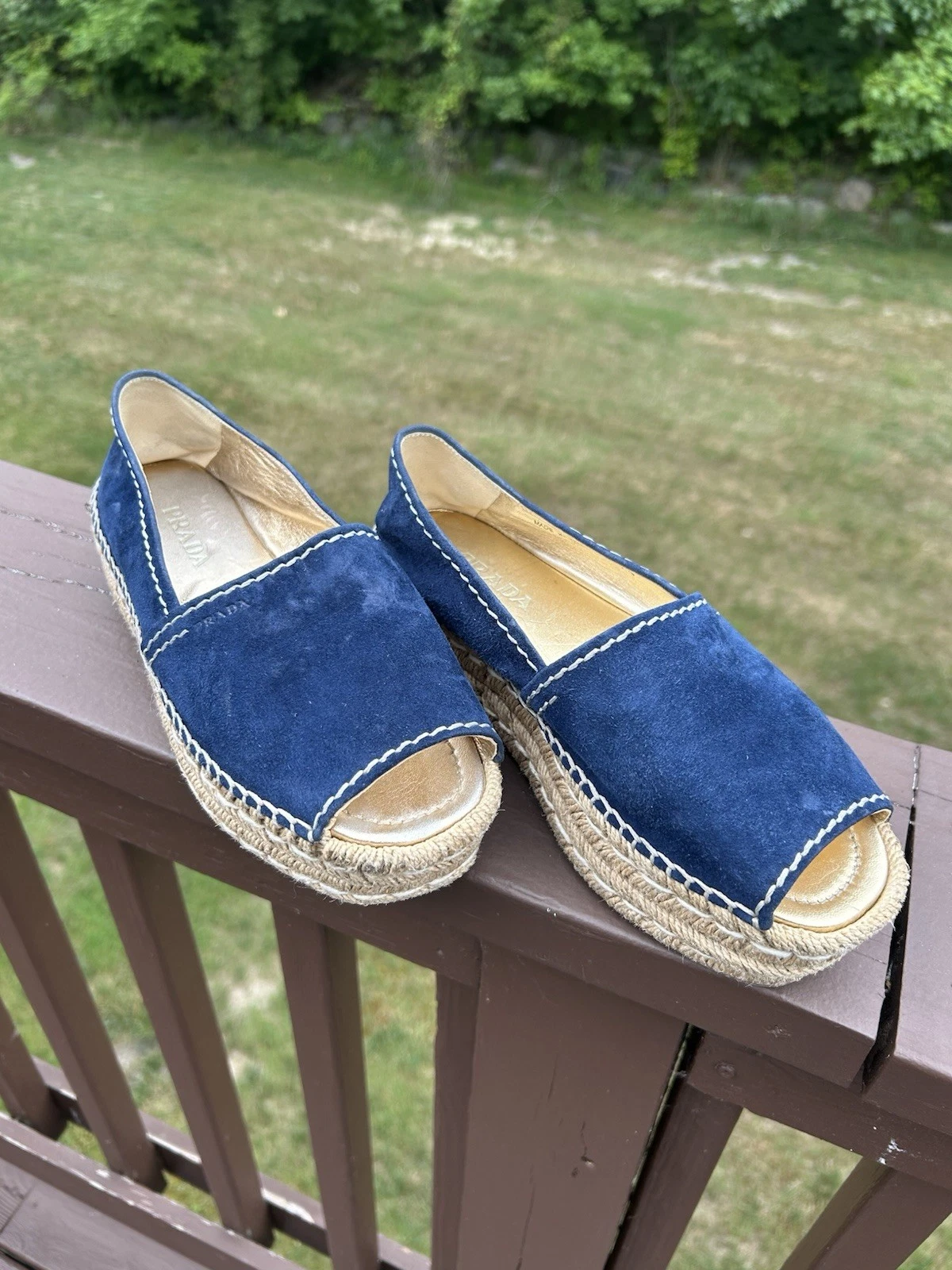 Prada espadrillas con plateau in camoscio blu navy punta aperta taglia 37 5