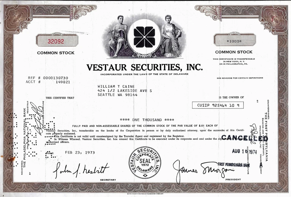 Vestaur Securities Inc., 23.02.1973 - 1.000 Shares - Bild 1 von 1