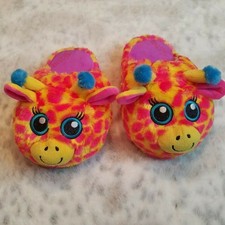 Justice Kid's Giraffe Slippers MED 4/5 Pink Yellow Sparkly Black Eyes